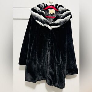 Dennis Basso Gold Plush Black Faux Fur Jacket W/ Hood and Black & White Collar